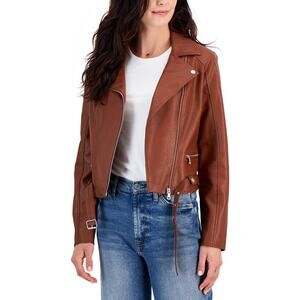 Juniors'  Coffee Shop Faux-Leather Long-Sleeve Moto Jacket Medium Cognac NWT